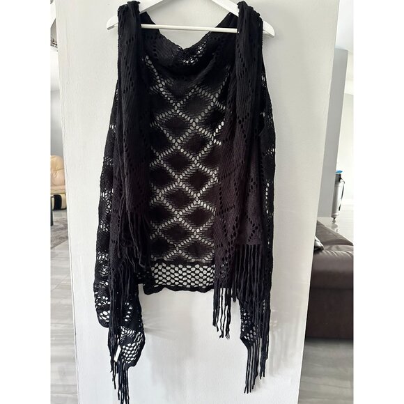 Sweaters - Black Knit Shaw‎ Poncho with Arm Holes One Size Fits All
